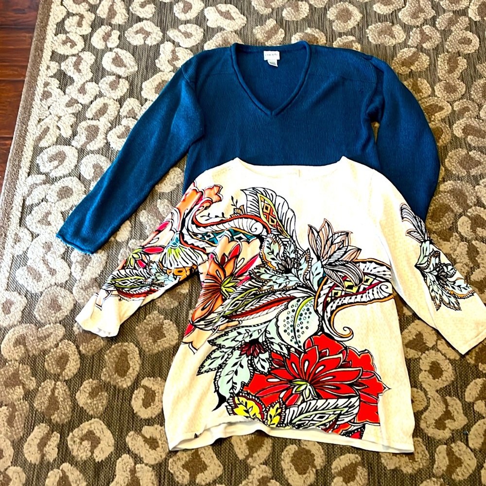 Chico’s sweaters. Size 2. One teal one floral print